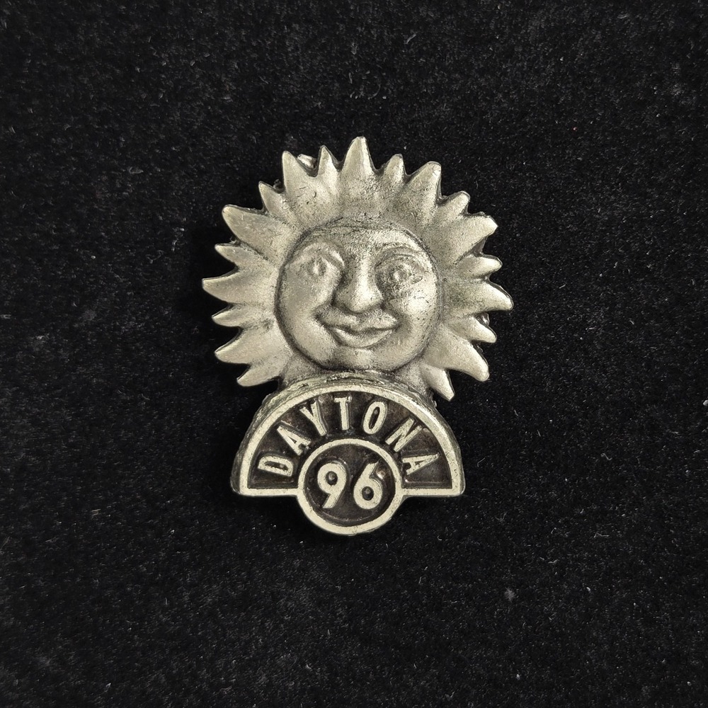 Daytona 1996 Pewter Sun Face Lazy Hound Bike Pinback Lapel Pin Souvenir‎